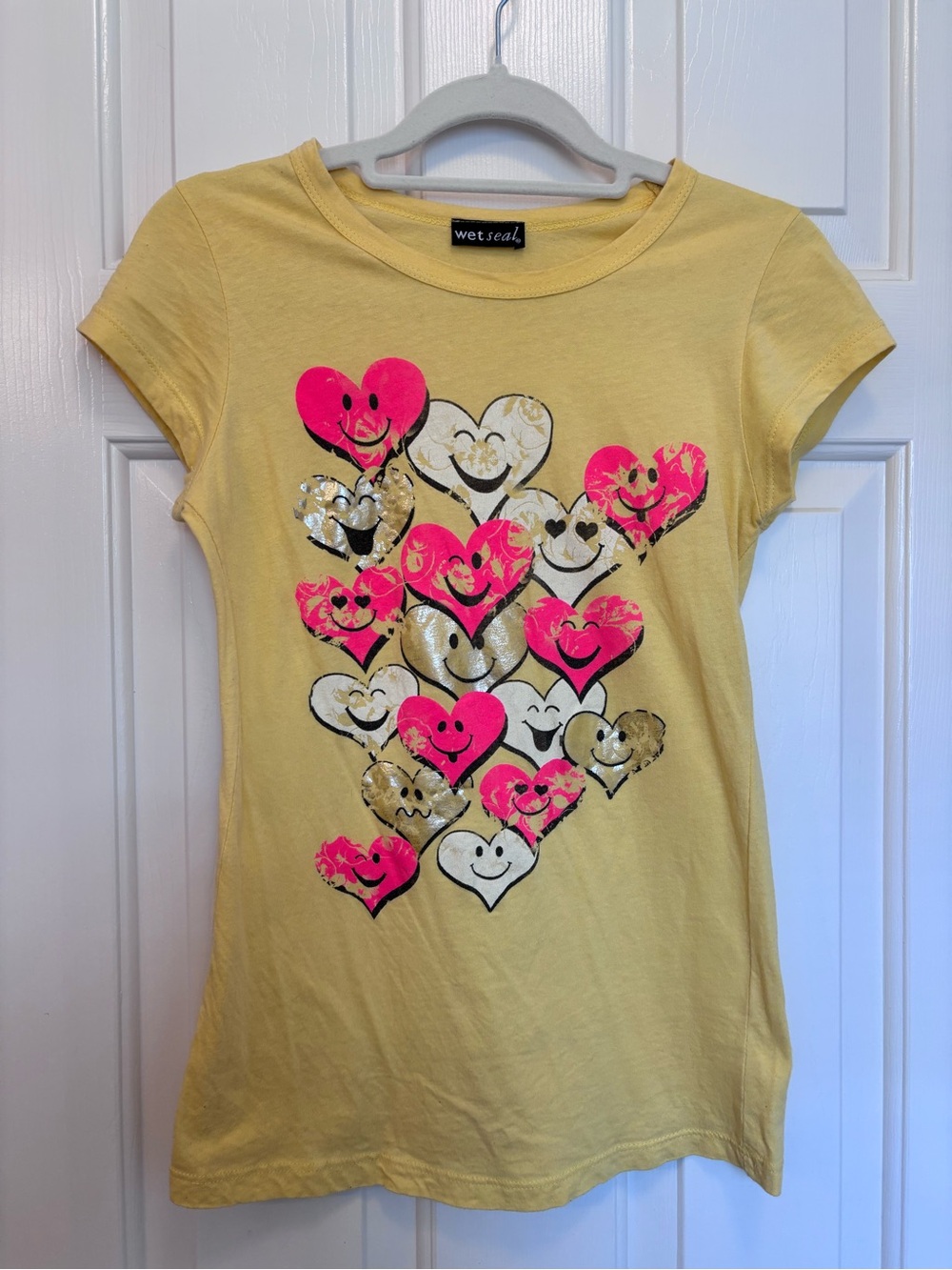 Wet Seal Yellow Tee with Pink & Gold Heart Smiley Print - Picture 1 of 11